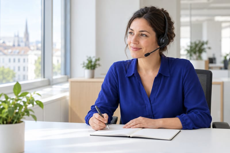 Freundliche Kundenberaterin mit Headset am Telefon
