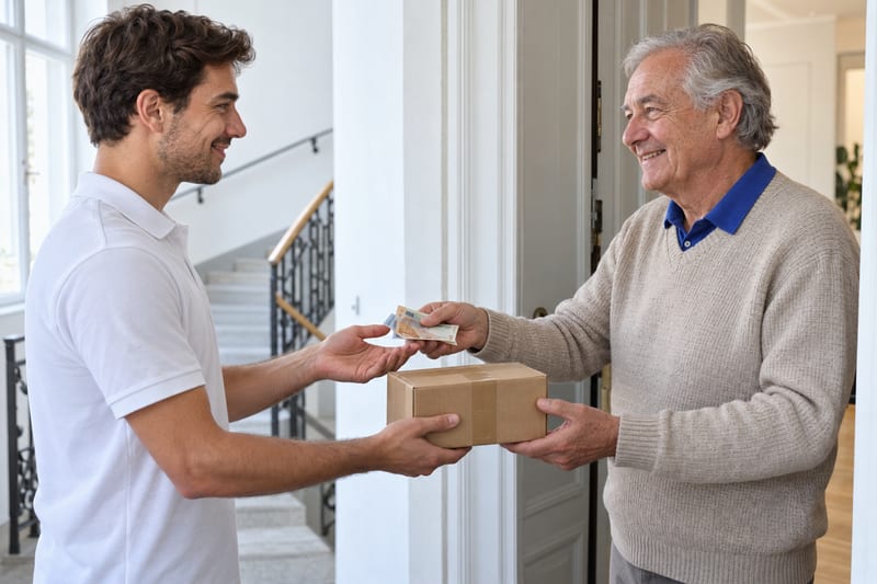 Kunde bezahlt den Zusteller bar und erhält das Paket