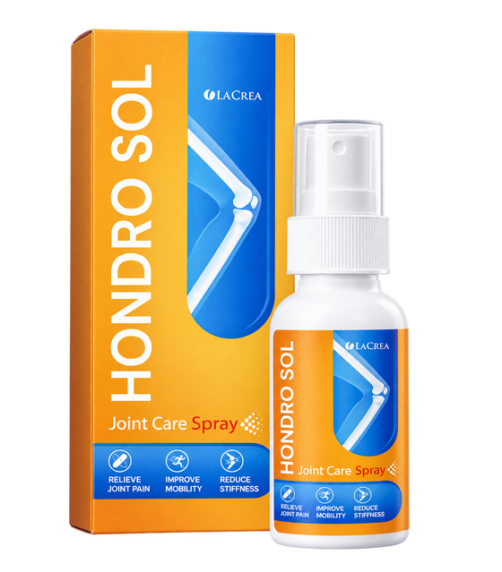 Hondro Sol Joint Care Spray von LaCrea: orange Faltschachtel mit blauem Feld und weiße Sprühflasche