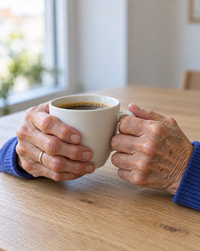 Hände mit verdickten Fingergelenken halten eine Kaffeetasse