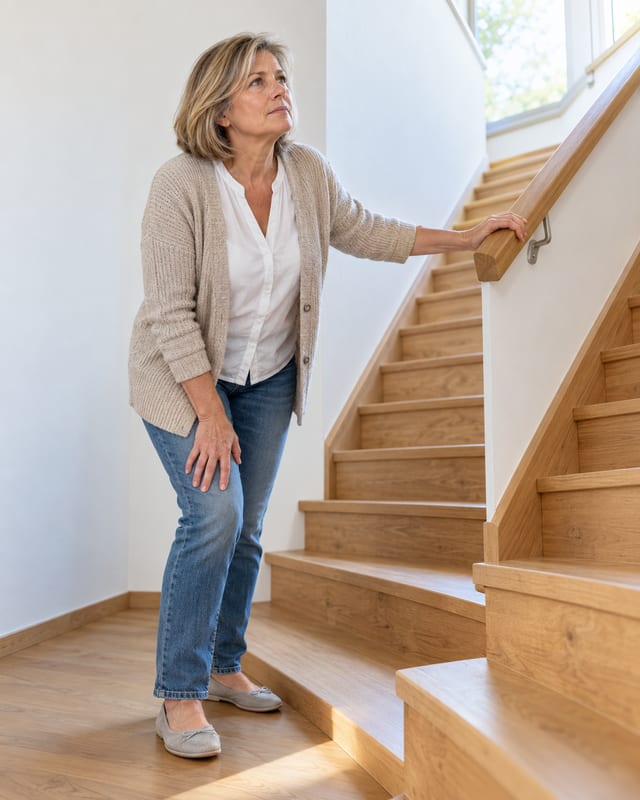 Frau hält am Fuß der Treppe inne, eine Hand am Knie