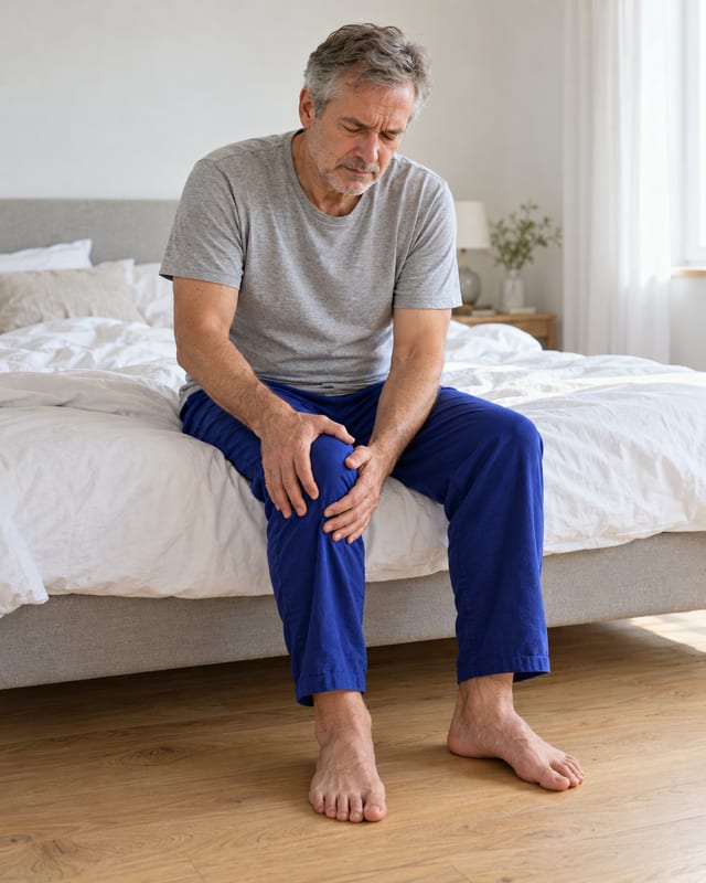 Mann sitzt am Bettrand und hält sein schmerzendes Knie