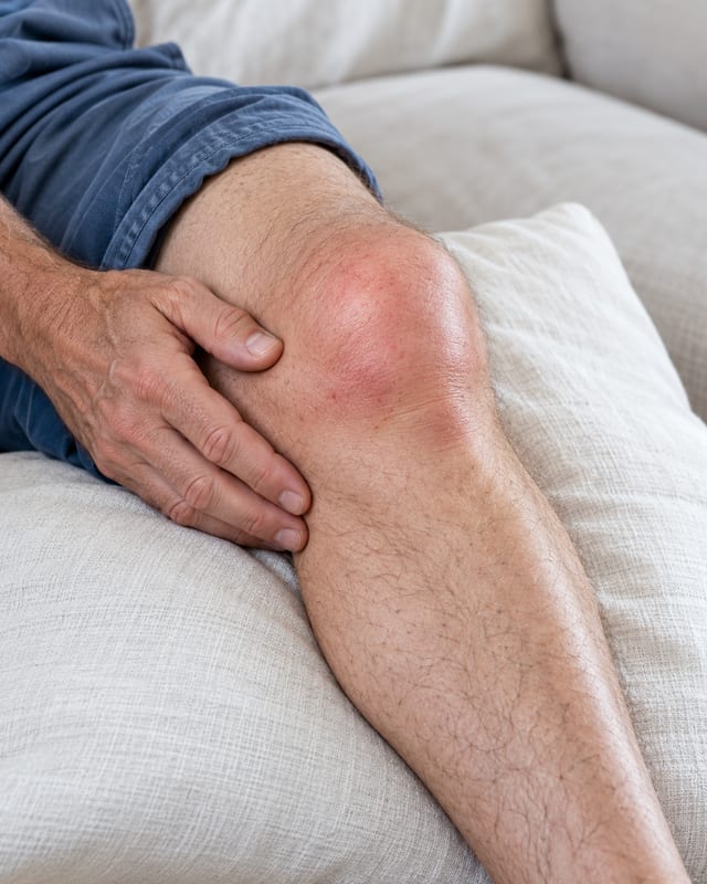Leicht geschwollenes, gerötetes Knie auf einem Kissen