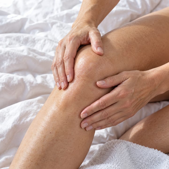 Zwei Hände massieren das Spray in das Knie ein